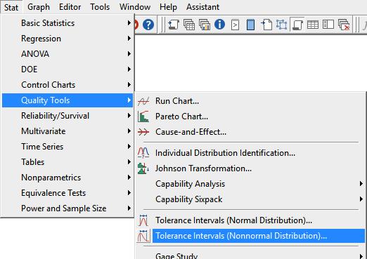 Nonnormal Tolerance Intervals Stat > Quality Tools > Tolerance Intervals (Nonnormal Distribution) is a new feature for calculating tolerance