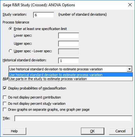 The new dropdown menu includes options to Use historical standard deviation to estimate process variation (the new default) or Use parts in the study to estimate process variation (the default, and