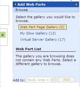 5. The Virtual Server Gallery may have a long list of web parts. You may have to click on Next to find the Web Hosting Web Site Management web part. 6.