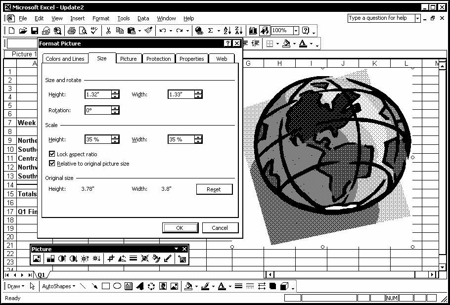 Excel 2002 - Lvl 2 Lesson 11 - Using Additional Effects and Objects Formatting a graphic The Picture toolbar provides buttons for many of the formatting options in the Format Picture dialog box.