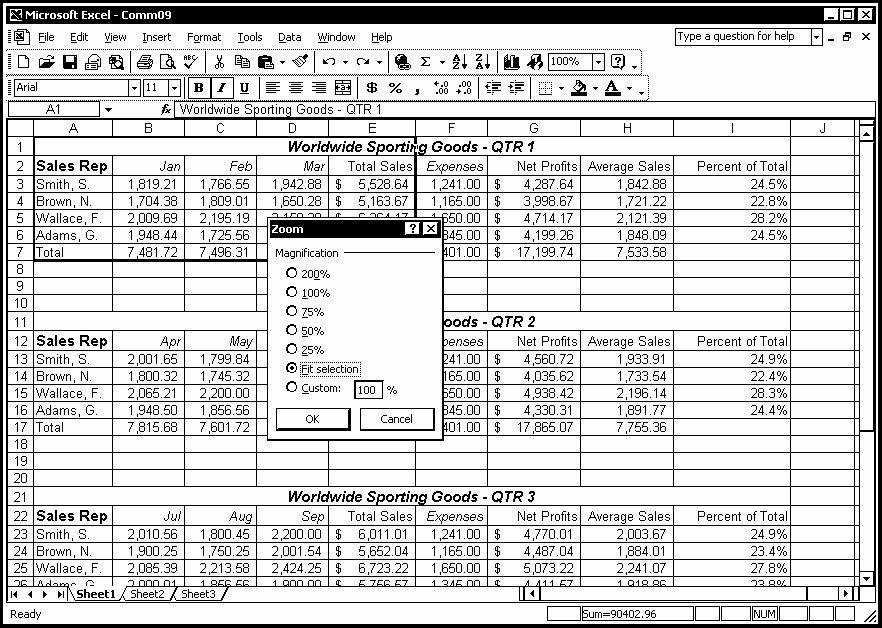 Excel 2002 - Lvl 2 Lesson 1 - Using Large Worksheets Fitting a selection to the window Procedures 1. Select the range for which you want to change the magnification. 2. Select the View menu. 3.