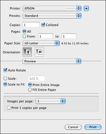 You see the expanded printer settings window for your product: Note: The print window may look different, depending on the version of Mac OS X and the application you are
