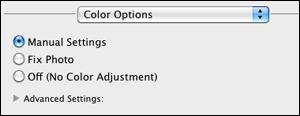 3. Select Color Options from the pop-up menu in the print window. Note: The available settings on the Color Options menu depend on the option you selected on the Color Matching menu. 4.