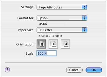 3. Select your product as the Format for setting. 4. Select the size of the paper you loaded as the Paper Size setting.