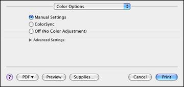 1. Select Color Options from the pop-up menu in the print window. 2. Select one of the available options. Color Options - Mac OS X 10.4 Parent topic: Printing With Mac OS X 10.