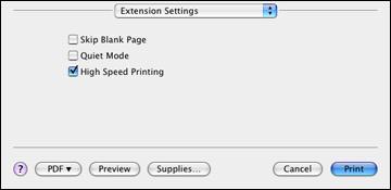 1. Select Extension Settings from the pop-up menu in the print window. 2. Select any of the available printing preferences. Printing Preferences - Mac OS X 10.