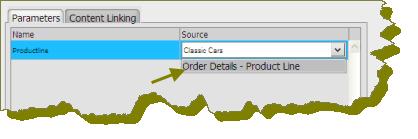 In the example below, notice that Order Details Product Line, (this is the name of the dashboard panel that contains the data table), can now be selected as a source for the Productline