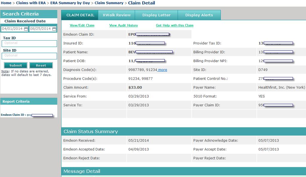 Payment Detail Report If a linked check number is displayed in the Claim Detail Report you can access the Payment Detail report by clicking the check number.