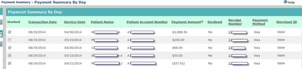 payments for all patient names and patient account numbers for the