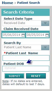 Note: Patient DOB (optional field) is displayed only when Patient Last Name is selected in the Search By drop-down list.