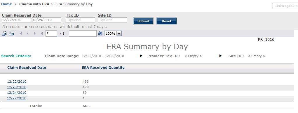 that claim. 7.4.24 File Summary Report The File Summary Report provides details on all claim batches submitted to the clearinghouse during a specific date range.