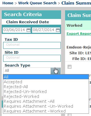 7.4.28 Work Queue Search Access this search by selecting Claims > Work Queue Search. Use this search to locate claims based on their Worked status.