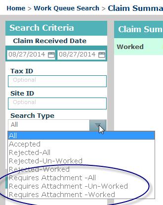 In the Search Type drop-down list, select Requires Attachment. Enter your Tax ID or Site ID for a more specific search (both fields are optional).