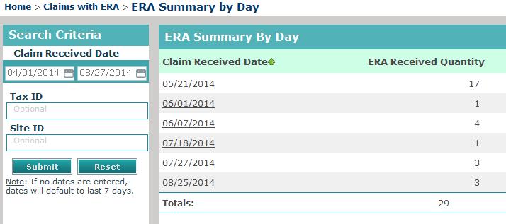7.4.35 ERA Summary by Day Report This report is generated from the Claims with ERA search.