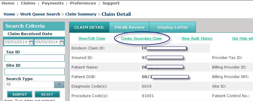 4. On the Payer/Billing Provider tab, enter the Payer ID and Name, and for the Sequence field, select Secondary. Note: Some fields may already be pre-populated with data from the primary claim.