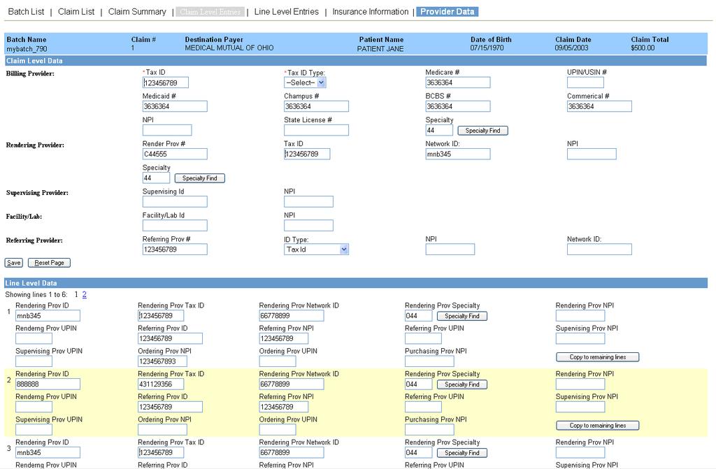 SUPPLEMENT CLAIMS 5.5.5 Provider Data NSF 2.5 The Provider Data screen allows you to edit provider identifiers and other information at the claim level and line level.