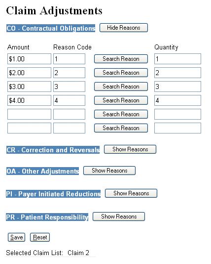 SUPPLEMENT CLAIMS Adjustments The Claim Adjustments portion of the Claim Level Entries screen, shown on the next illustration, allows you to enter up to 5 group codes per line (highlighted in blue)