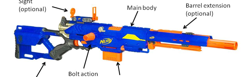 Introduction The Nerf Longstrie CS-6 long range blaster was chosen for redesign. The blaster shoots foam darts with a reported range of 5 feet. Figure 1 shows a picture of the blaster.