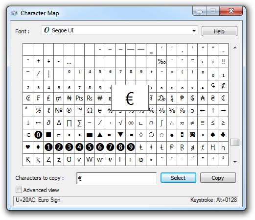 Character Map (All) Enables use of characters that an application may not support