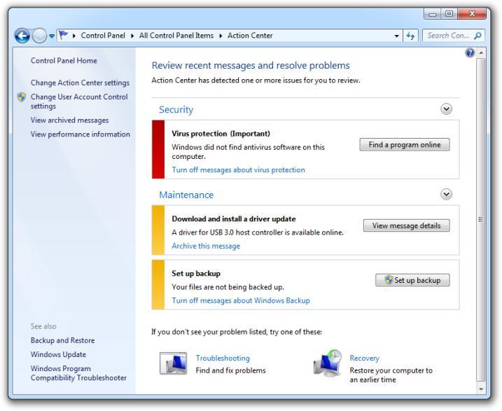 Action Center (Windows 7) Provides a one-page aggregation