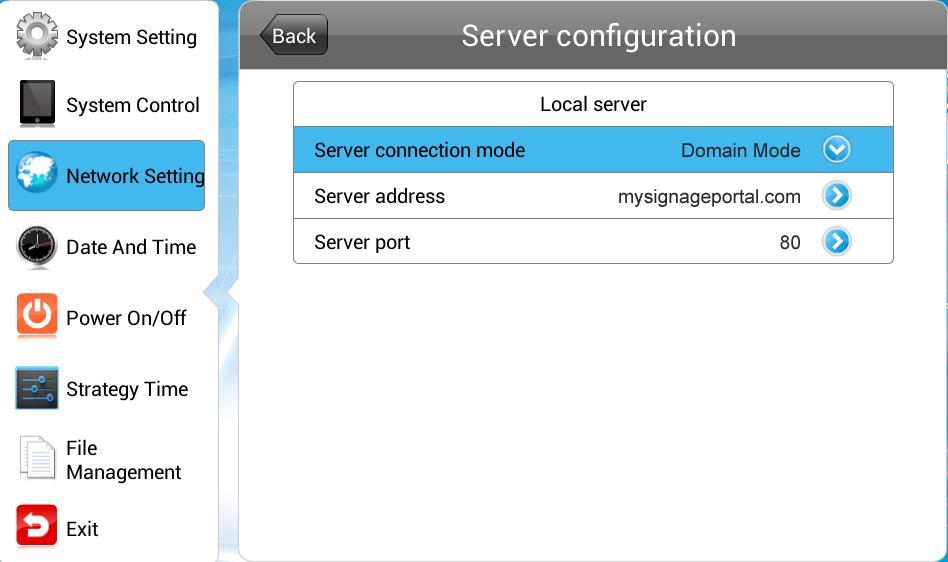 Server Configuration This section contains the information that allows the screen to communicate with the server.