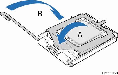 Intel Desktop Board DG41TX Product Guide 7. Pressing down on the load plate (Figure 11, A), close and engage the socket lever (Figure 11, B). Figure 11.
