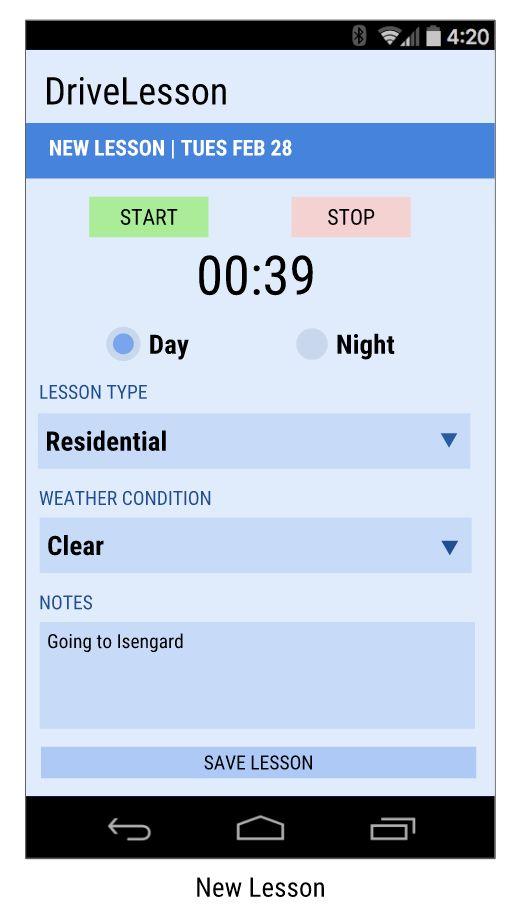 NEW LESSON The New Lesson screen automatically sets the date to the current date and allows the user to select the time of day, type of lesson, and weather condition for that lesson.