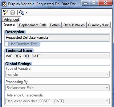 Similarly create another formula variable with Requested Delivery date as reference characteristic: Description: Technical Name: