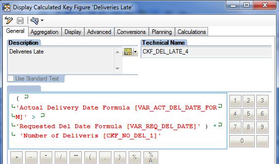 Counting Late Deliveries: Create a new Calculated Keyfigure Deliveris Late (CKF_DEL_LATE_4) and drag and drop required formula variables into the Detail view of CKF.