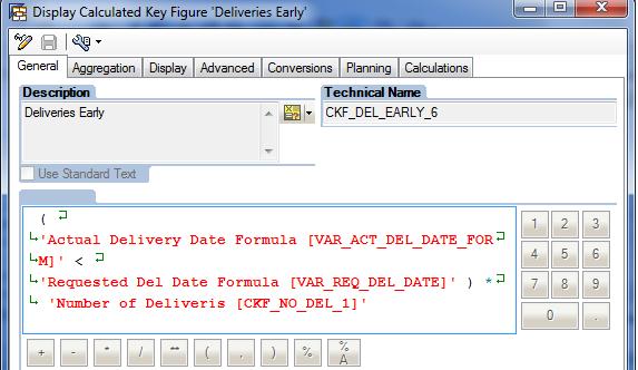 Counting Early Deliveries: Create a new Calculated Keyfigure Deliveris Early (CKF_DEL_EARLY_6) and drag and drop required formula variables into the Detail view of CKF.