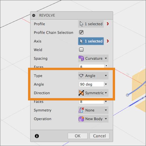 Step 10: Change the Revolve settings. Let s change the settings in the Revolve settings to change the Angle the direction that the curve is revolved. 1. In the Revolve dialog window, change the Type from Full to Angle.