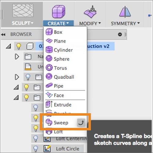 Step 12: Start the Sweep command. 1. Select Create Form in the Model workspace to change to the Sculpt Workspace.