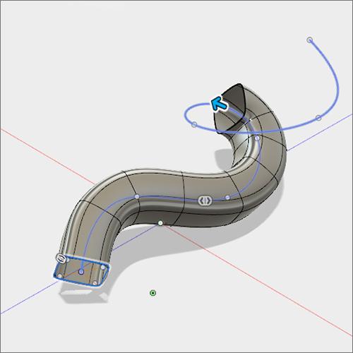 Change the Orientation back to Perpendicular. Step 15: Change the sweep distance. The Sweep command allows you to alter the amount of the path curve that is used to create the T- Spline form. 1. Drag the arrow at the end of the Path to alter the sweep distance.
