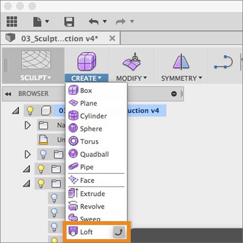 Step 17: Select the profiles to create the loft form. 1. Select Create > Loft. 2. Click the Triangular profile in the canvas. 3.