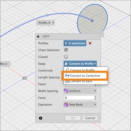 To control the direction of the surface between the profiles you can add a sketch curve a centerline. 1. Click the centerline curve 2.