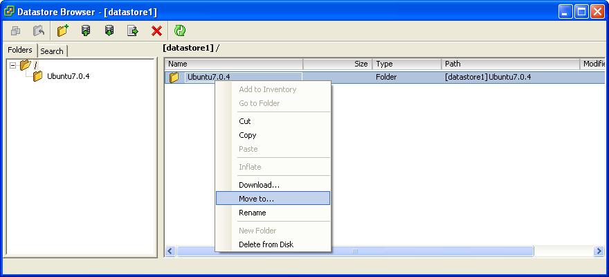 Step 6 In the Datastore Browser window right click on the VM folder and select Move to from the context menu.