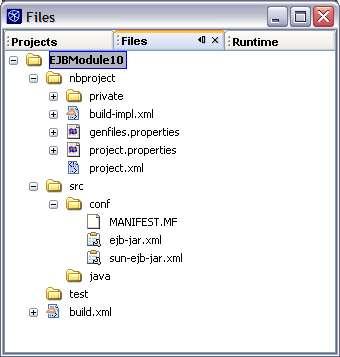 Figure 8-3 Files window with EJB module project showing EJB Module Structure The J2EE Blueprints provide guidelines on how to structure your J2EE applications and EJB Modules to ensure that they work
