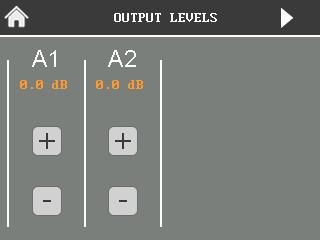 LEVELS The Levels page allows users to independently manage the amplitude of the four input channels and the two output channel of the amplifier.