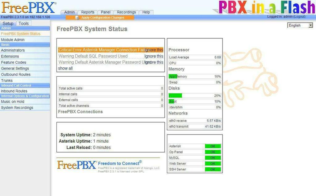 FreePBX will load and the screen should look similar to the one below.
