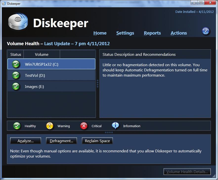 Diskeeper: Improving the Performance of SAN Storage 15 3. On the Volume Health screen, select a test volume to perform a manual analysis and click the Analyze button. Diskeeper Volume Health screen 4.