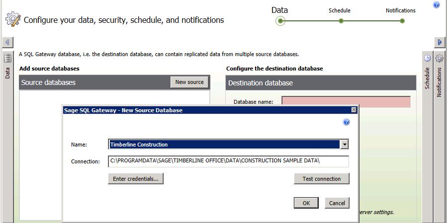 If security administration is enabled in Sage 300 Construction and Real Estate, enter the credentials for the Application Administrator and click OK. 3. Under Source databases, click New Source.