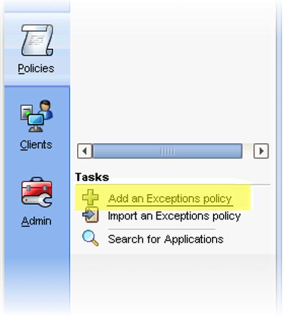 12 Configuration 11. In the Tasks area, select the Add an Exceptions policy item.