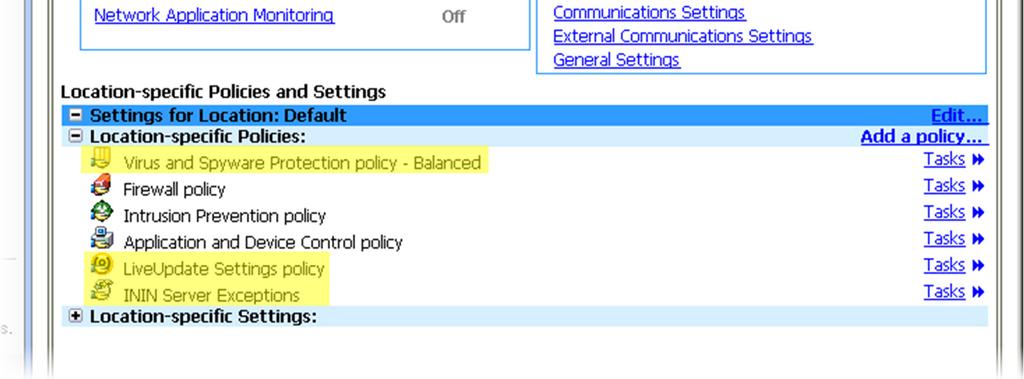 In the Location-specific Policies and Settings area, ensure that the following items