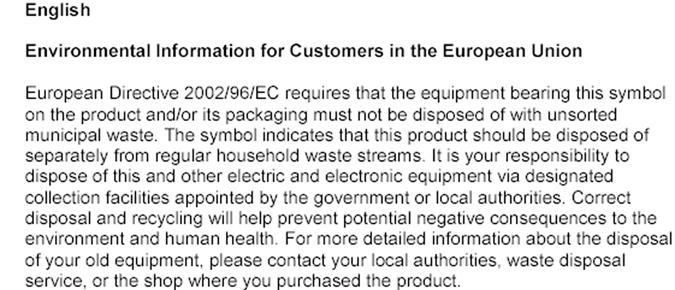 User Information for Consumer Products Covered by EU Directive 2002/96/EC on Waste Electric and