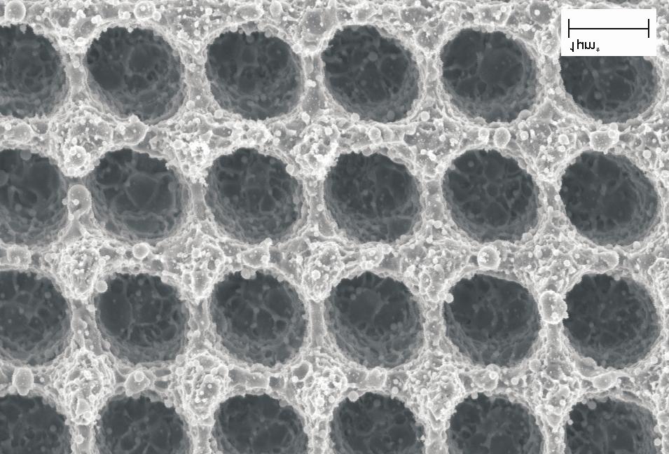 Structured surface using direct focusing of femtosecond light to the steel sample. Structures obtained using 200 pulses with average fluence of 0.2 J/cm 2.