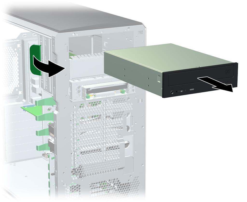 To replace an optical drive: 1 Lift the green drivelock release lever while sliding the optical drive into the bay.