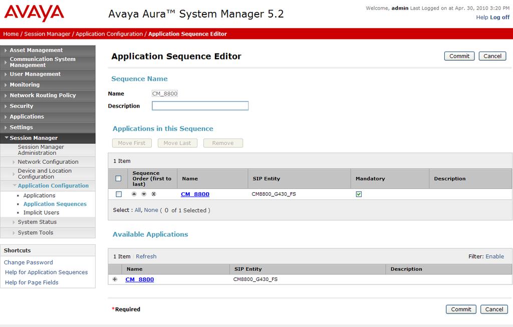 5. Select Session Manager Application Configuration Application Sequences on the left. Click on New (not shown). a. Enter a descriptive name in the Name field. b.