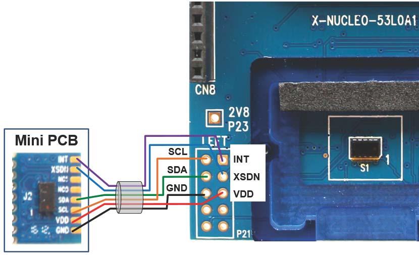 When connected through flying leads, developers should break off the mini PCB from the satellite board, and use only the VL53L0X mini PCB which benefits from a smaller form factor for easier