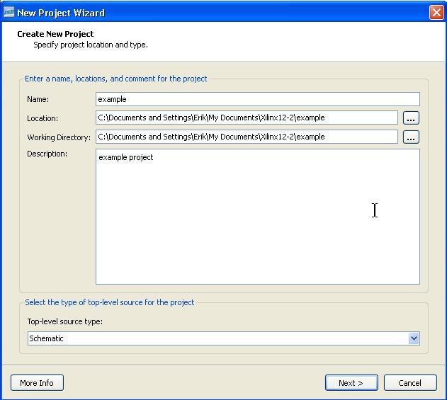 2. Create a new project. The Create New Project wizard will prompt you for a location for your project. Note that by default this will be in the ISE folder the very first time you start up.