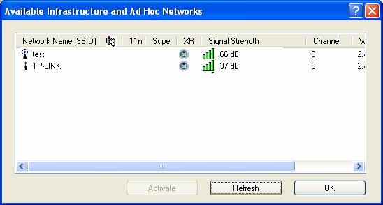 3.2.6 Scan Available Networks 1. Click Scan on the Profile Management screen (shown in Figure 3-2), the Available Infrastructure and Ad Hoc Networks window will appear below. 2.
